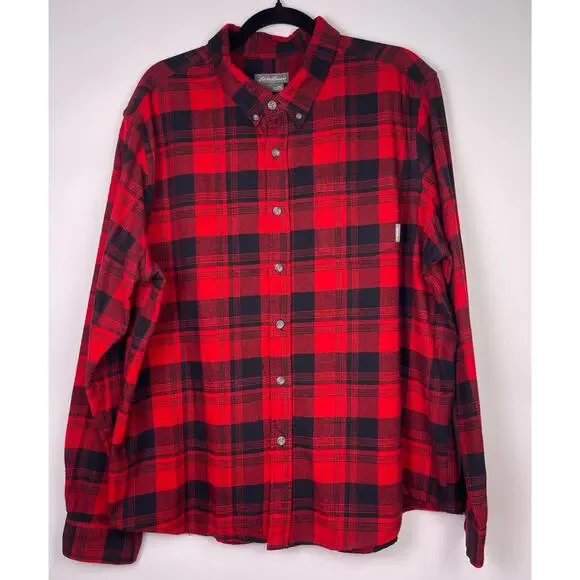 Eddie Bauer Red Black Plaid Flannel Button Up Shirt Men’s 2XL - Picture 1 of 8